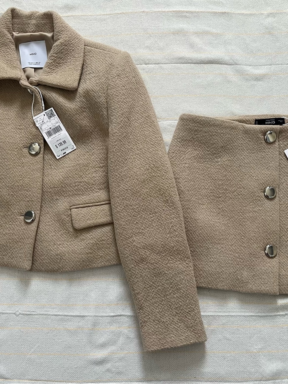 Mango Beige Cropped Textured Wool-Blend Jacket Size Smal, Mini Skirt Size 4